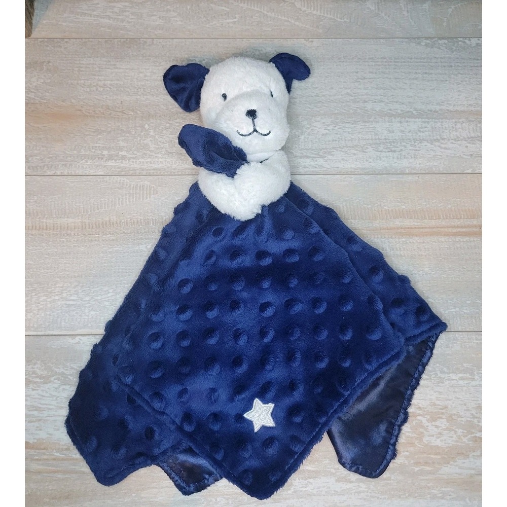 Little Me Puppy Security Blanket Baby Lovey Navy Blue White Star Minky Dots
